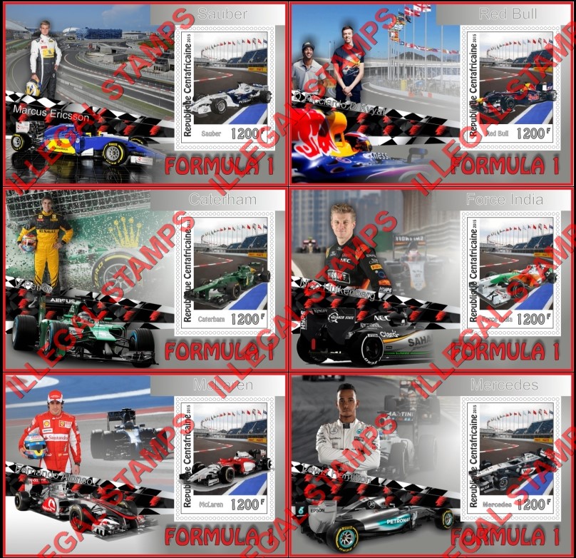 Central African Republic 2015 Formula 1 Cars and Drivers Illegal Stamp Souvenir Sheets of 1 Central African Republic 2015 Formula 1 Cars and Drivers Illegal Stamp Souvenir Sheets of 1