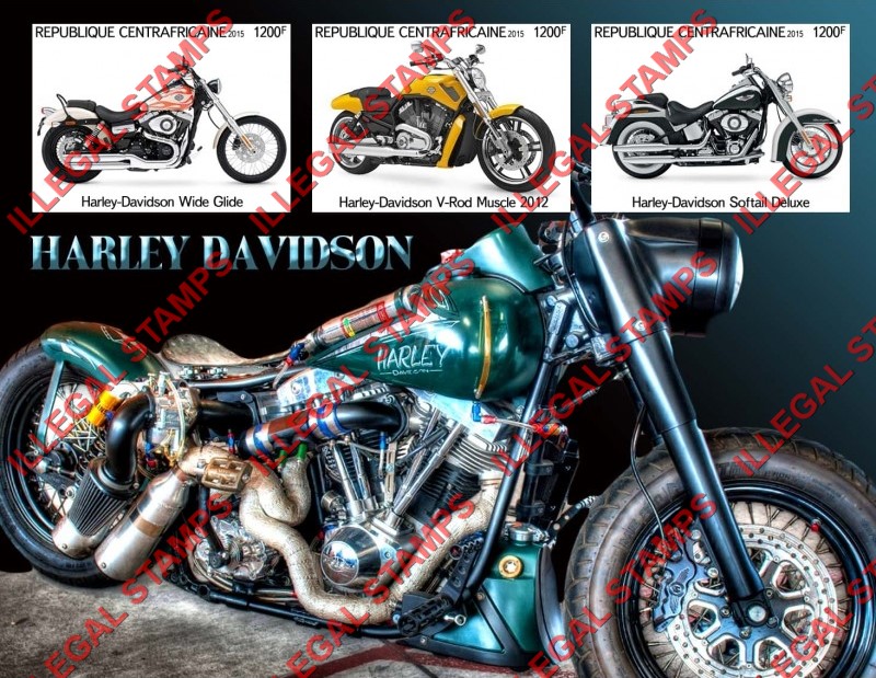 Central African Republic 2015 Harley Davidson Motorcycles Illegal Stamp Souvenir Sheet of 3 Central African Republic 2015 Harley Davidson Motorcycles Illegal Stamp Souvenir Sheet of 3
