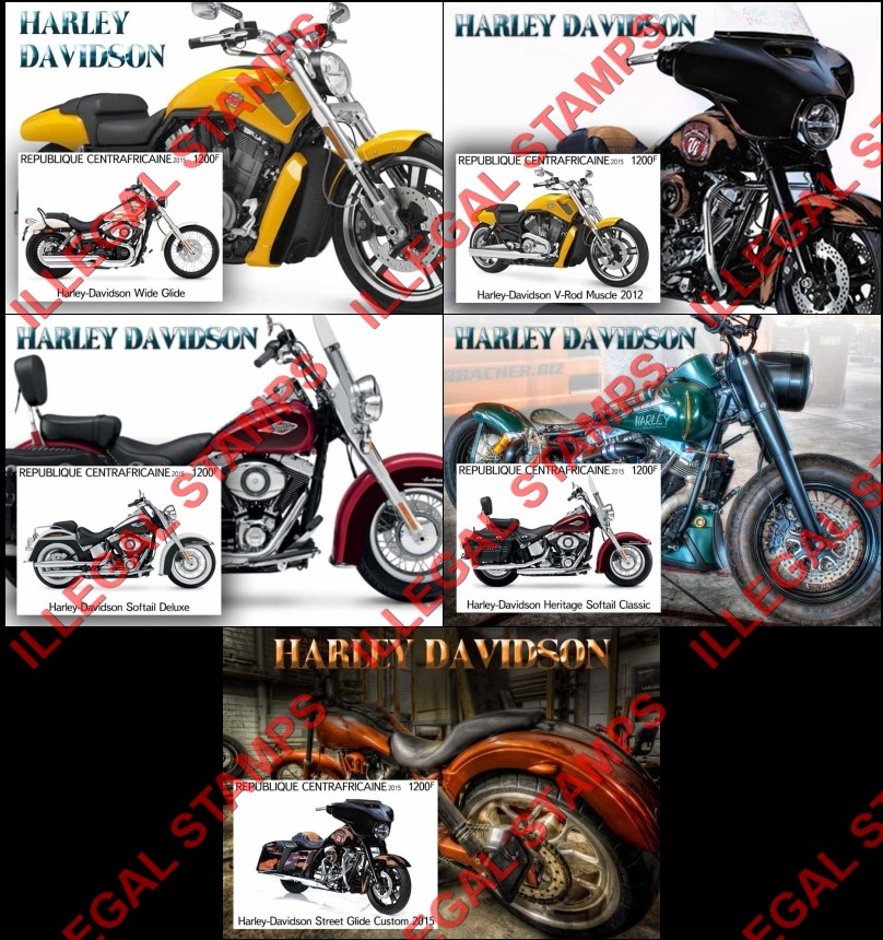 Central African Republic 2015 Harley Davidson Motorcycles Illegal Stamp Souvenir Sheets of 1 Central African Republic 2015 Harley Davidson Motorcycles Illegal Stamp Souvenir Sheets of 1