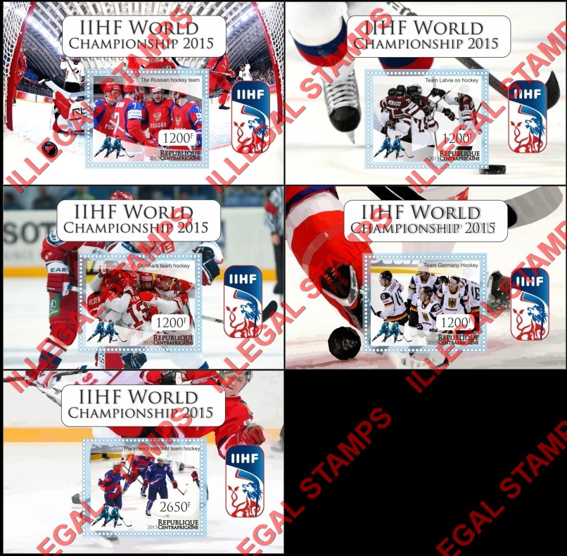 Central African Republic 2015 Ice Hockey World Championship (different) Illegal Stamp Souvenir Sheets of 1 Central African Republic 2015 Ice Hockey World Championship (different) Illegal Stamp Souvenir Sheets of 1