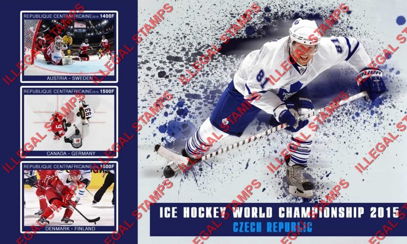 Central African Republic 2015 Ice Hockey World Championship Illegal Stamp Souvenir Sheet of 3 Central African Republic 2015 Ice Hockey World Championship Illegal Stamp Souvenir Sheet of 3