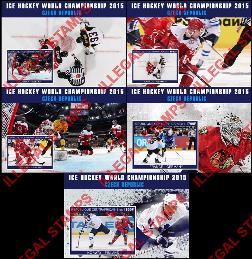 Central African Republic 2015 Ice Hockey World Championship Illegal Stamp Souvenir Sheets of 1 Central African Republic 2015 Ice Hockey World Championship Illegal Stamp Souvenir Sheets of 1