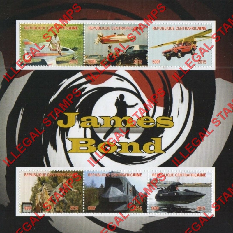 Central African Republic 2015 James Bond Illegal Stamp Souvenir Sheet of 6 Central African Republic 2015 James Bond Illegal Stamp Souvenir Sheet of 6