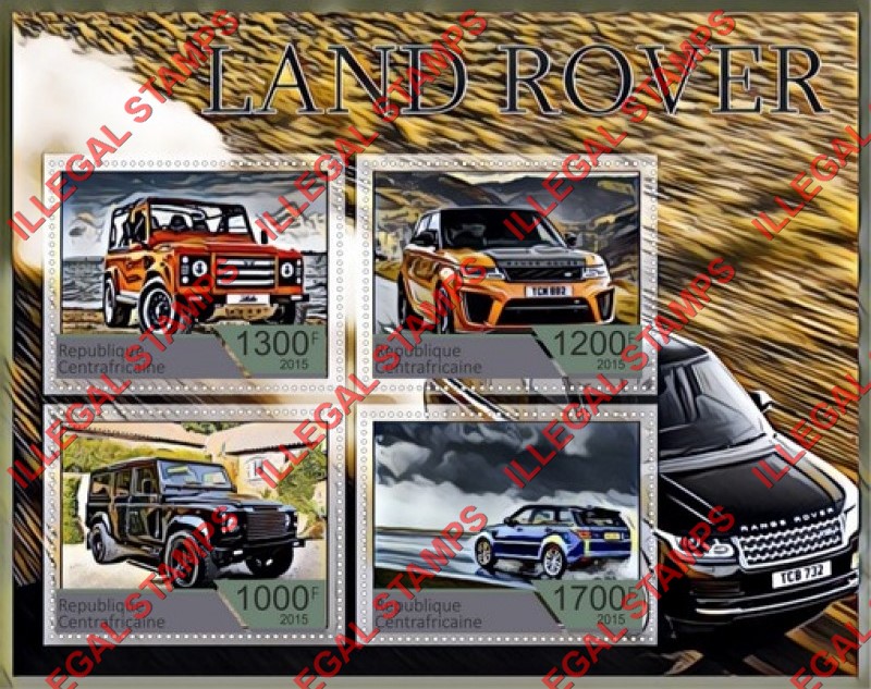 Central African Republic 2015 Land Rover Illegal Stamp Souvenir Sheet of 4 Central African Republic 2015 Land Rover Illegal Stamp Souvenir Sheet of 4