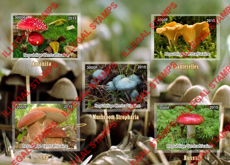 Central African Republic 2015 Mushrooms Illegal Stamp Souvenir Sheet of 5 Central African Republic 2015 Mushrooms Illegal Stamp Souvenir Sheet of 5