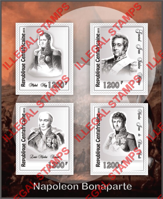 Central African Republic 2015 Napoleon and Different Marshals Illegal Stamp Souvenir Sheet of 4 Central African Republic 2015 Napoleon and Different Marshals Illegal Stamp Souvenir Sheet of 4