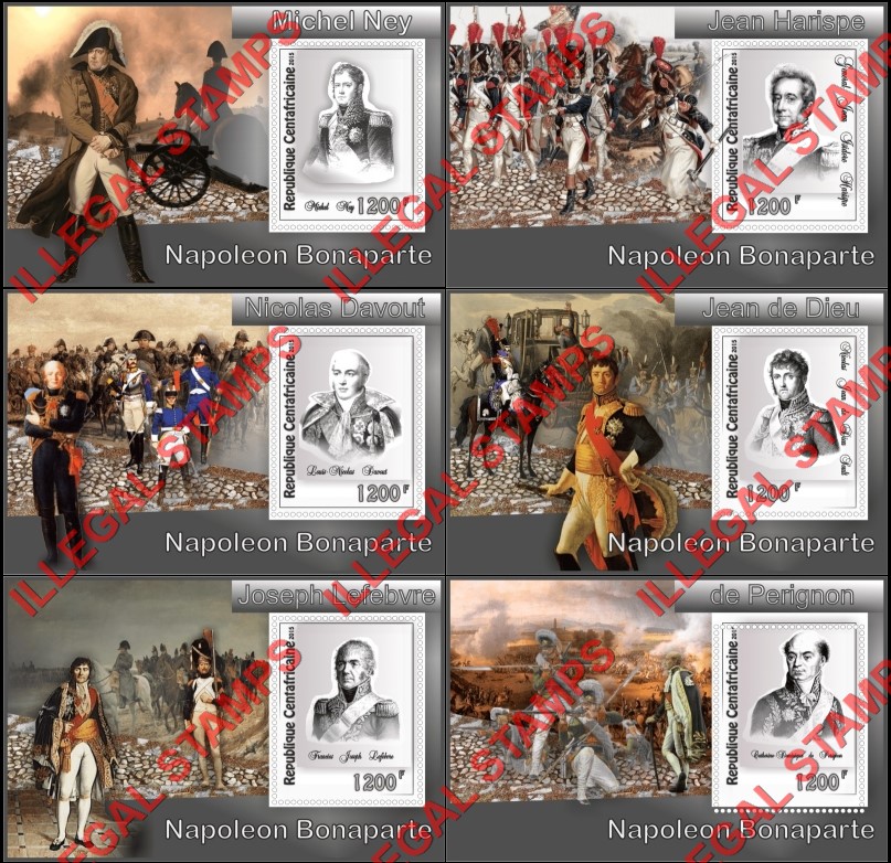 Central African Republic 2015 Napoleon and Different Marshals Illegal Stamp Souvenir Sheets of 1 Central African Republic 2015 Napoleon and Different Marshals Illegal Stamp Souvenir Sheets of 1