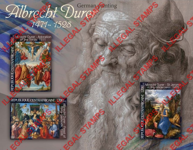Central African Republic 2015 Paintings by Albrecht Durer (different) Illegal Stamp Souvenir Sheet of 3 Central African Republic 2015 Paintings by Albrecht Durer (different) Illegal Stamp Souvenir Sheet of 3