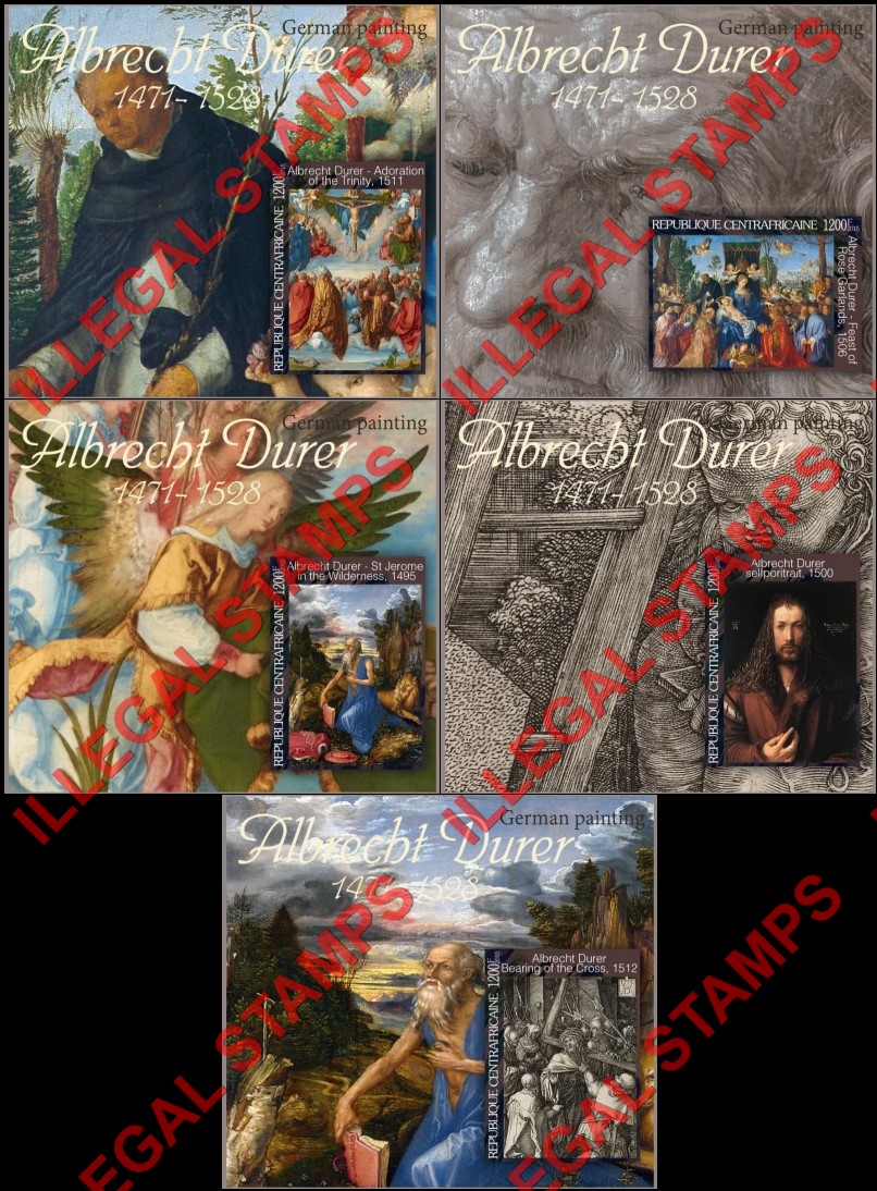 Central African Republic 2015 Paintings by Albrecht Durer (different) Illegal Stamp Souvenir Sheets of 1 Central African Republic 2015 Paintings by Albrecht Durer (different) Illegal Stamp Souvenir Sheets of 1