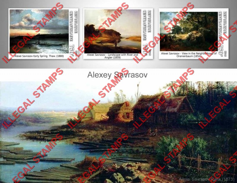Central African Republic 2015 Paintings by Alexey Savrasov Illegal Stamp Souvenir Sheet of 3 Central African Republic 2015 Paintings by Alexey Savrasov Illegal Stamp Souvenir Sheet of 3