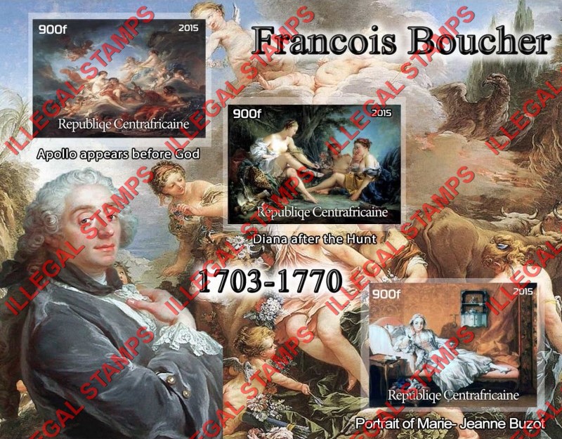 Central African Republic 2015 Paintings by Francois Boucher Illegal Stamp Souvenir Sheet of 3 Central African Republic 2015 Paintings by Francois Boucher Illegal Stamp Souvenir Sheet of 3