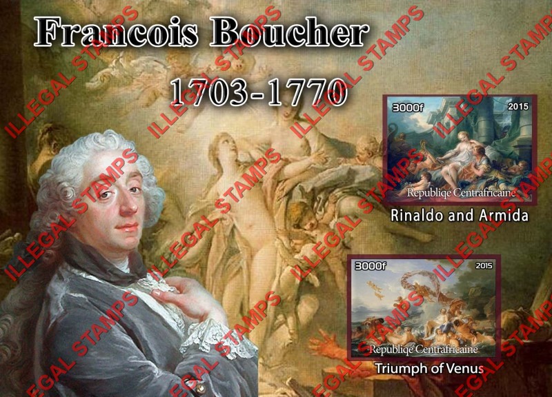 Central African Republic 2015 Paintings by Francois Boucher Illegal Stamp Souvenir Sheet of 2 Central African Republic 2015 Paintings by Francois Boucher Illegal Stamp Souvenir Sheet of 2