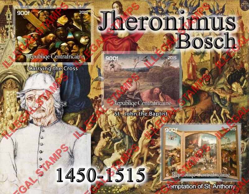 Central African Republic 2015 Paintings by Hieronymus Bosch (different) Illegal Stamp Souvenir Sheet of 3 Central African Republic 2015 Paintings by Hieronymus Bosch (different) Illegal Stamp Souvenir Sheet of 3