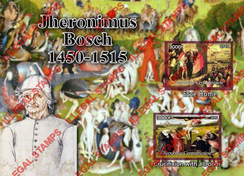 Central African Republic 2015 Paintings by Hieronymus Bosch (different) Illegal Stamp Souvenir Sheet of 2 Central African Republic 2015 Paintings by Hieronymus Bosch (different) Illegal Stamp Souvenir Sheet of 2