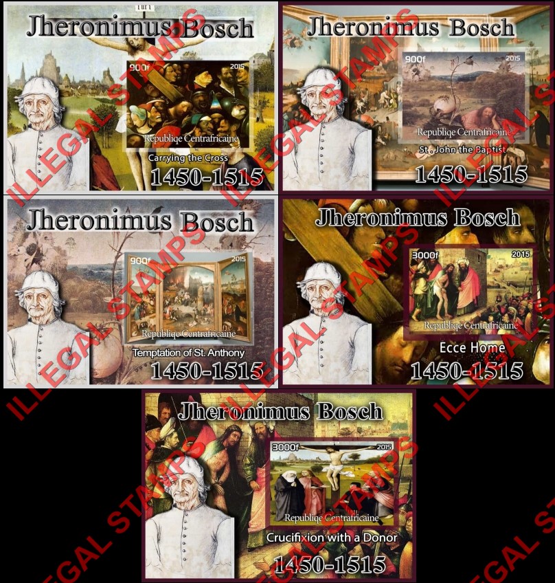 Central African Republic 2015 Paintings by Hieronymus Bosch (different) Illegal Stamp Souvenir Sheets of 1 Central African Republic 2015 Paintings by Hieronymus Bosch (different) Illegal Stamp Souvenir Sheets of 1