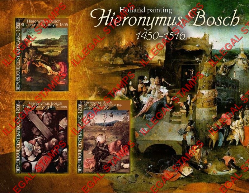 Central African Republic 2015 Paintings by Hieronymus Bosch Illegal Stamp Souvenir Sheet of 3 Central African Republic 2015 Paintings by Hieronymus Bosch Illegal Stamp Souvenir Sheet of 3