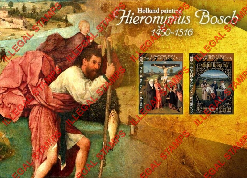 Central African Republic 2015 Paintings by Hieronymus Bosch Illegal Stamp Souvenir Sheet of 2 Central African Republic 2015 Paintings by Hieronymus Bosch Illegal Stamp Souvenir Sheet of 2