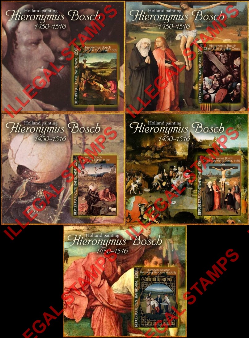 Central African Republic 2015 Paintings by Hieronymus Bosch Illegal Stamp Souvenir Sheets of 1 Central African Republic 2015 Paintings by Hieronymus Bosch Illegal Stamp Souvenir Sheets of 1