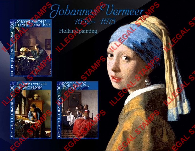 Central African Republic 2015 Paintings by Johannes Vermeer Illegal Stamp Souvenir Sheet of 3 Central African Republic 2015 Paintings by Johannes Vermeer Illegal Stamp Souvenir Sheet of 3