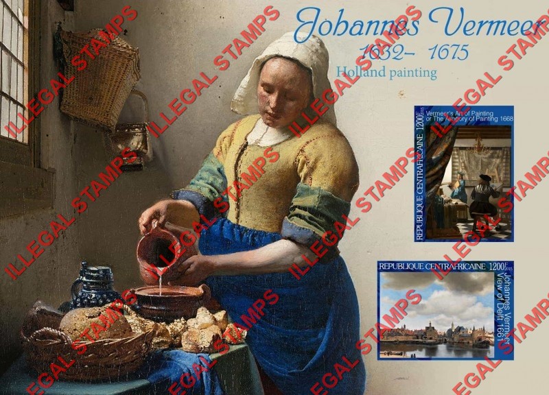 Central African Republic 2015 Paintings by Johannes Vermeer Illegal Stamp Souvenir Sheet of 2 Central African Republic 2015 Paintings by Johannes Vermeer Illegal Stamp Souvenir Sheet of 2