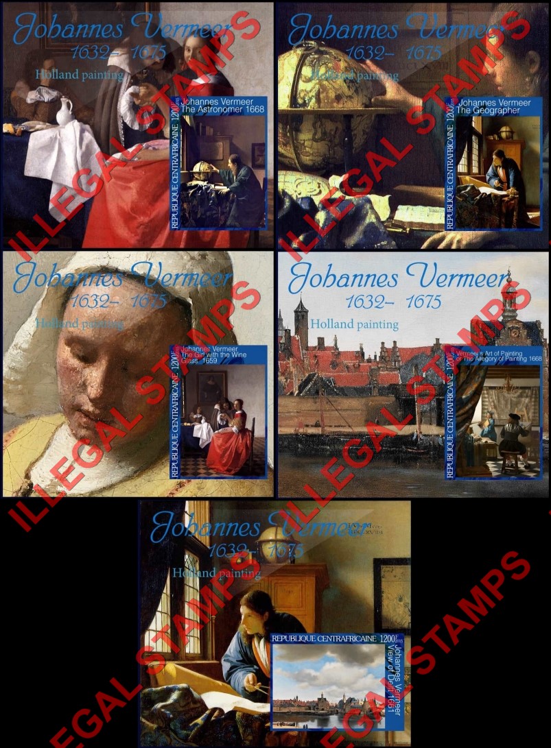Central African Republic 2015 Paintings by Johannes Vermeer Illegal Stamp Souvenir Sheets of 1 Central African Republic 2015 Paintings by Johannes Vermeer Illegal Stamp Souvenir Sheets of 1