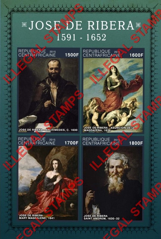 Central African Republic 2015 Paintings by Jose de Ribera Illegal Stamp Souvenir Sheet of 4 Central African Republic 2015 Paintings by Jose de Ribera Illegal Stamp Souvenir Sheet of 4