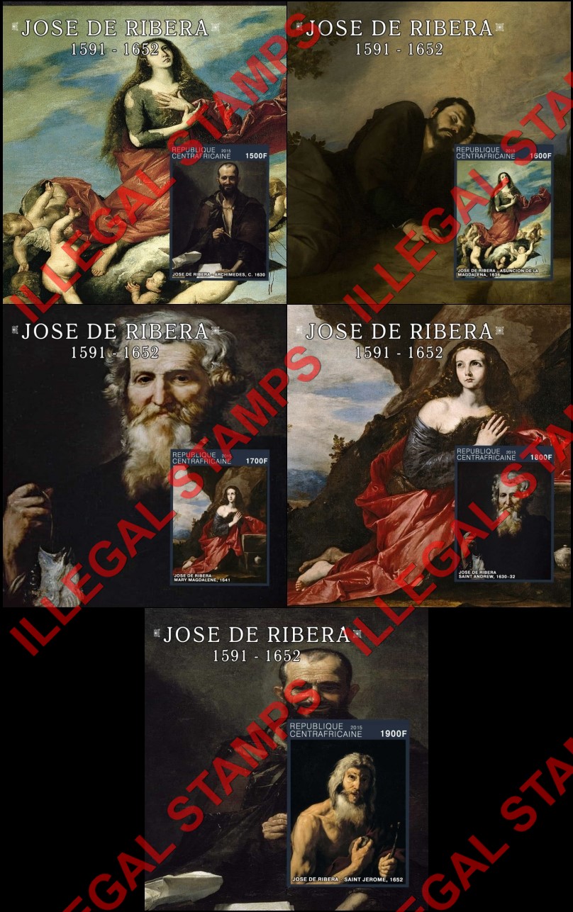 Central African Republic 2015 Paintings by Jose de Ribera Illegal Stamp Souvenir Sheets of 1 Central African Republic 2015 Paintings by Jose de Ribera Illegal Stamp Souvenir Sheets of 1