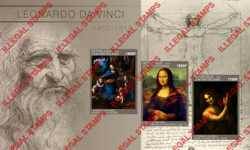 Central African Republic 2015 Paintings by Leonardo da Vinci Illegal Stamp Souvenir Sheet of 3 Central African Republic 2015 Paintings by Leonardo da Vinci Illegal Stamp Souvenir Sheet of 3