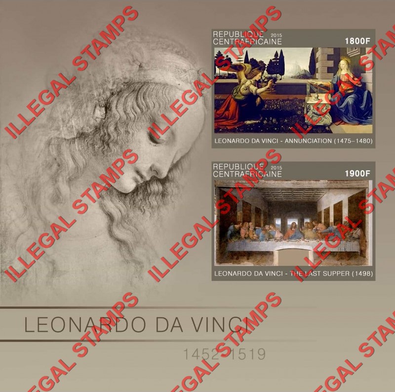 Central African Republic 2015 Paintings by Leonardo da Vinci Illegal Stamp Souvenir Sheet of 2 Central African Republic 2015 Paintings by Leonardo da Vinci Illegal Stamp Souvenir Sheet of 2