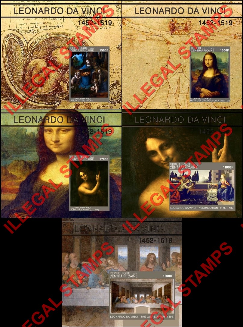 Central African Republic 2015 Paintings by Leonardo da Vinci Illegal Stamp Souvenir Sheets of 1 Central African Republic 2015 Paintings by Leonardo da Vinci Illegal Stamp Souvenir Sheets of 1