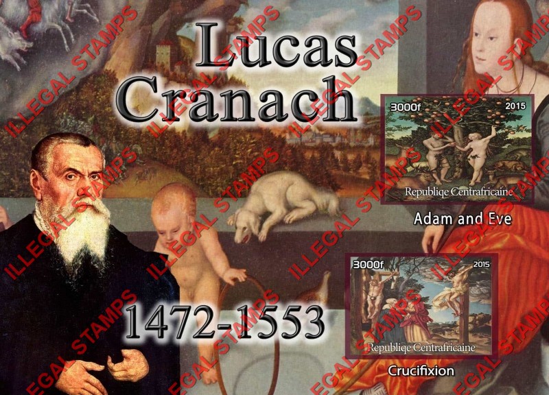 Central African Republic 2015 Paintings by Lucas Cranach Illegal Stamp Souvenir Sheet of 2 Central African Republic 2015 Paintings by Lucas Cranach Illegal Stamp Souvenir Sheet of 2