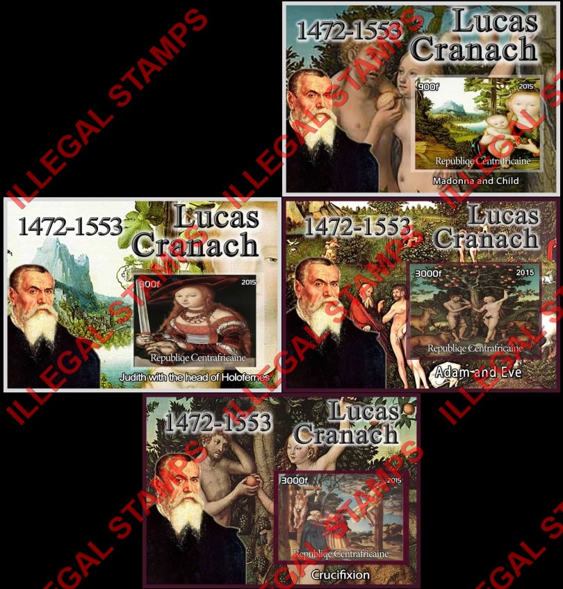 Central African Republic 2015 Paintings by Lucas Cranach Illegal Stamp Souvenir Sheets of 1 Central African Republic 2015 Paintings by Lucas Cranach Illegal Stamp Souvenir Sheets of 1