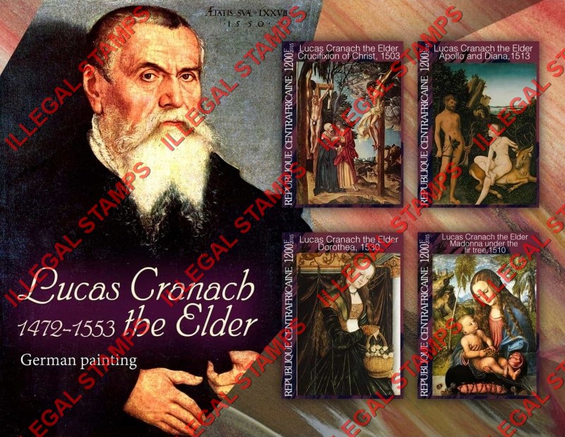 Central African Republic 2015 Paintings by Lucas Cranach the Elder Illegal Stamp Souvenir Sheet of 4 Central African Republic 2015 Paintings by Lucas Cranach the Elder Illegal Stamp Souvenir Sheet of 4