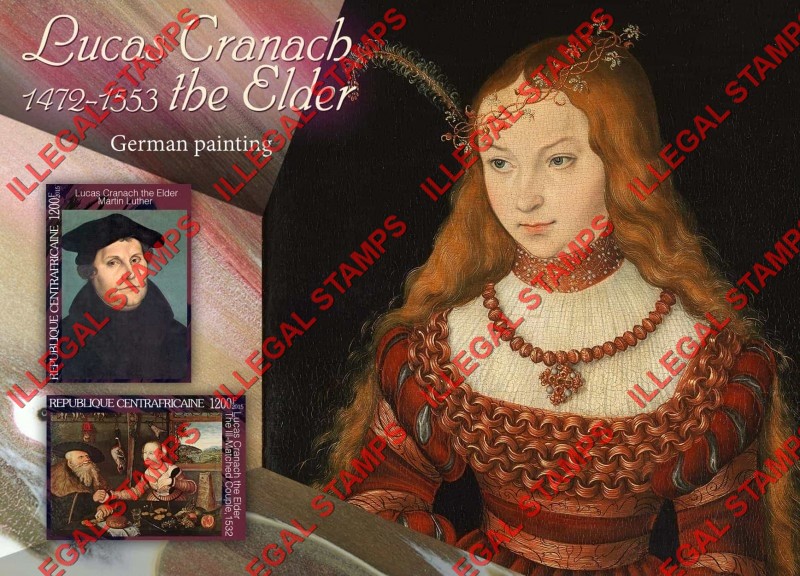 Central African Republic 2015 Paintings by Lucas Cranach the Elder Illegal Stamp Souvenir Sheet of 2 Central African Republic 2015 Paintings by Lucas Cranach the Elder Illegal Stamp Souvenir Sheet of 2