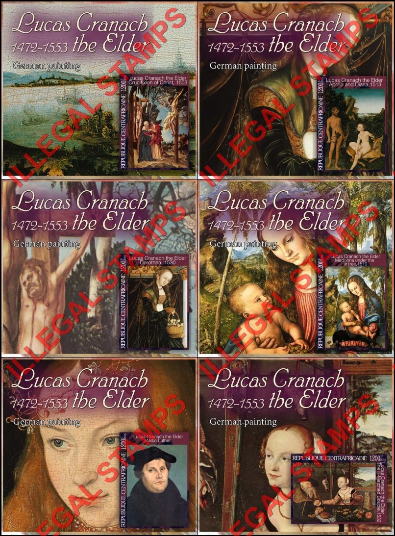 Central African Republic 2015 Paintings by Lucas Cranach the Elder Illegal Stamp Souvenir Sheets of 1 Central African Republic 2015 Paintings by Lucas Cranach the Elder Illegal Stamp Souvenir Sheets of 1