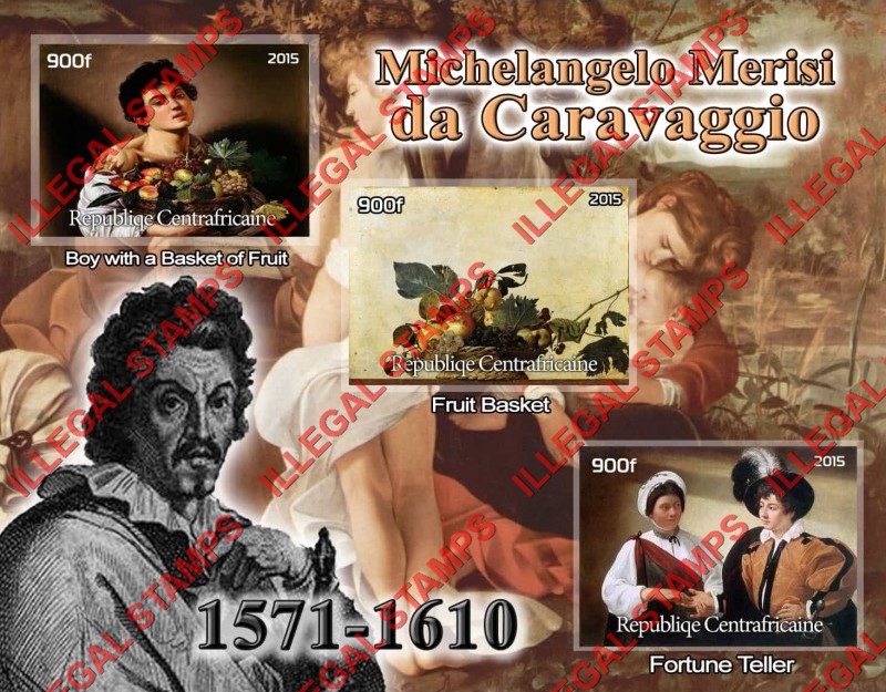 Central African Republic 2015 Paintings by Michelangelo Merisi da Caravaggio Illegal Stamp Souvenir Sheet of 3 Central African Republic 2015 Paintings by Michelangelo Merisi da Caravaggio Illegal Stamp Souvenir Sheet of 3