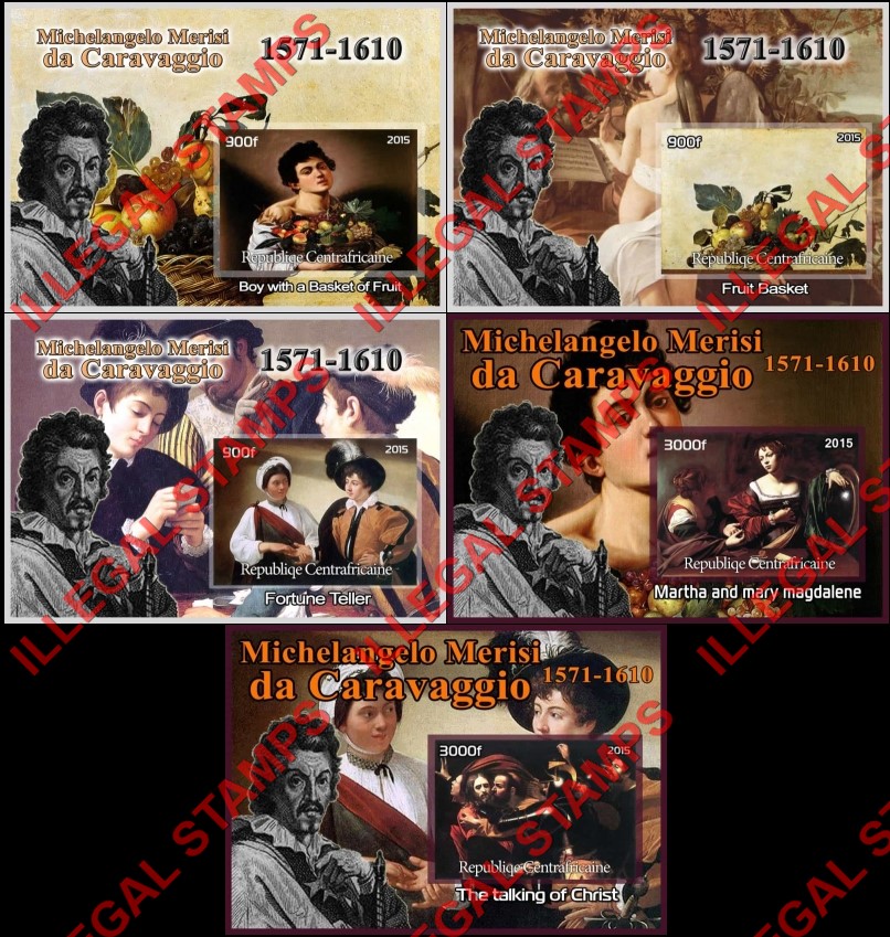 Central African Republic 2015 Paintings by Michelangelo Merisi da Caravaggio Illegal Stamp Souvenir Sheets of 1 Central African Republic 2015 Paintings by Michelangelo Merisi da Caravaggio Illegal Stamp Souvenir Sheets of 1
