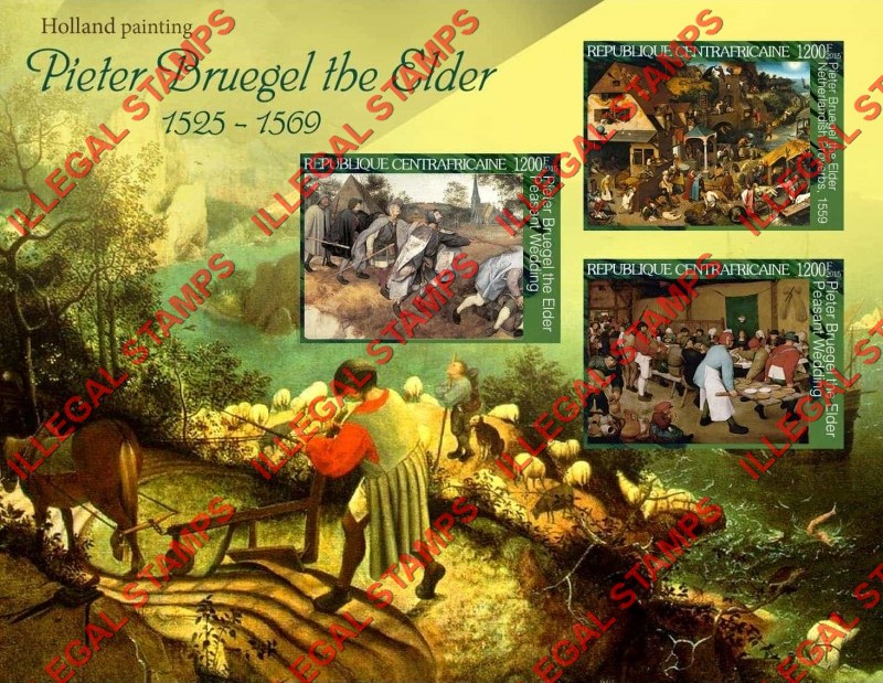 Central African Republic 2015 Paintings by Pieter Bruegel the Elder Illegal Stamp Souvenir Sheet of 3 Central African Republic 2015 Paintings by Pieter Bruegel the Elder Illegal Stamp Souvenir Sheet of 3