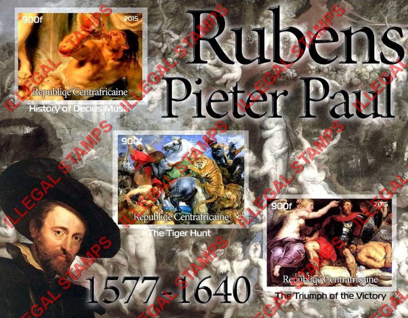Central African Republic 2015 Paintings by Pieter Paul Rubens Illegal Stamp Souvenir Sheet of 3 Central African Republic 2015 Paintings by Pieter Paul Rubens Illegal Stamp Souvenir Sheet of 3