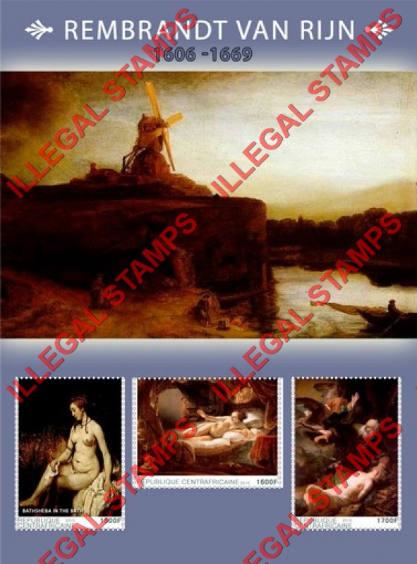 Central African Republic 2015 Paintings by Rembrandt van Rijn (different) Illegal Stamp Souvenir Sheet of 3 Central African Republic 2015 Paintings by Rembrandt van Rijn (different) Illegal Stamp Souvenir Sheet of 3
