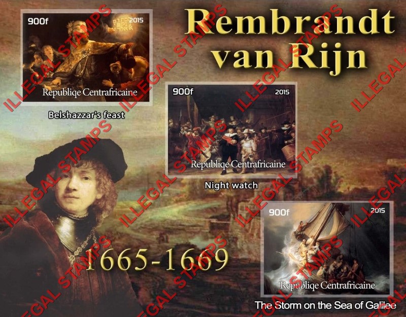 Central African Republic 2015 Paintings by Rembrandt van Rijn Illegal Stamp Souvenir Sheet of 3 Central African Republic 2015 Paintings by Rembrandt van Rijn Illegal Stamp Souvenir Sheet of 3