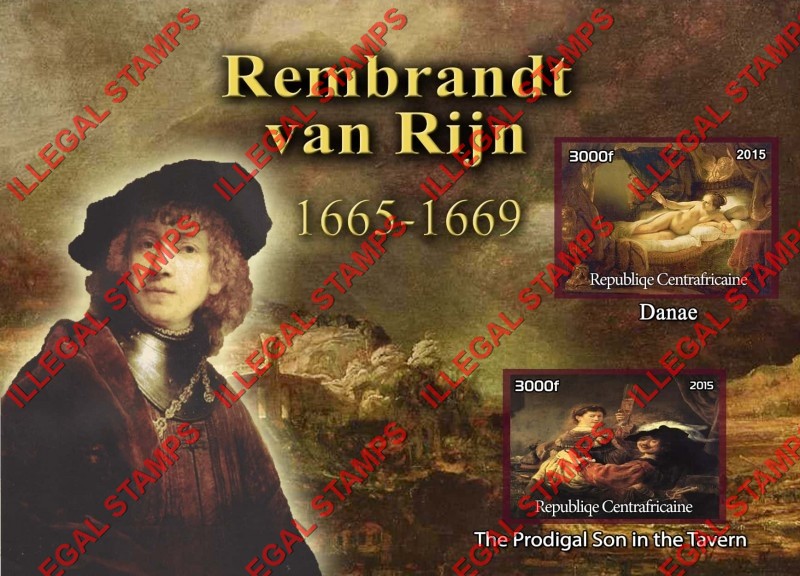 Central African Republic 2015 Paintings by Rembrandt van Rijn Illegal Stamp Souvenir Sheet of 2 Central African Republic 2015 Paintings by Rembrandt van Rijn Illegal Stamp Souvenir Sheet of 2