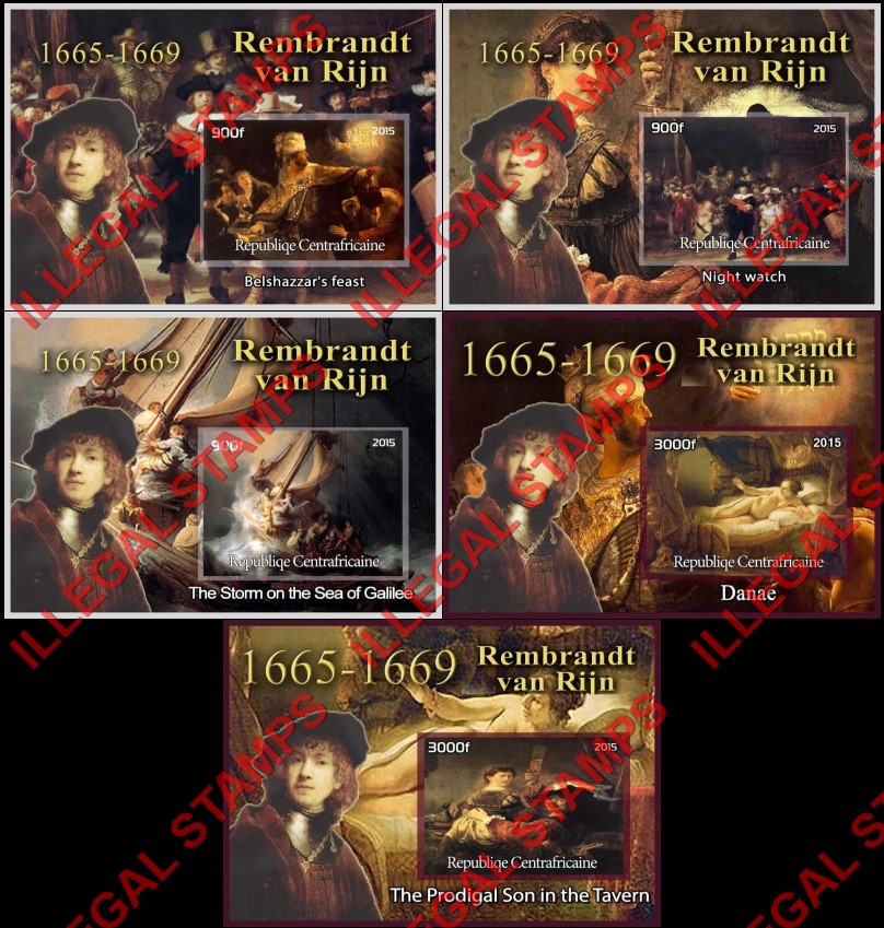 Central African Republic 2015 Paintings by Rembrandt van Rijn Illegal Stamp Souvenir Sheets of 1 Central African Republic 2015 Paintings by Rembrandt van Rijn Illegal Stamp Souvenir Sheets of 1
