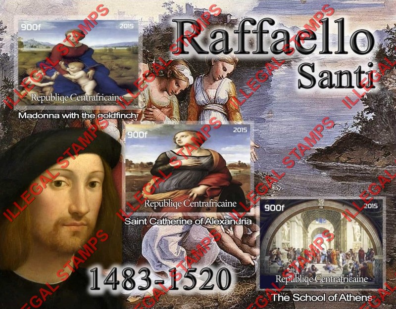 Central African Republic 2015 Paintings by Santi Raffaello Illegal Stamp Souvenir Sheet of 3 Central African Republic 2015 Paintings by Santi Raffaello Illegal Stamp Souvenir Sheet of 3