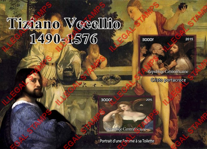 Central African Republic 2015 Paintings by Vecellio Tiziano Illegal Stamp Souvenir Sheet of 2 Central African Republic 2015 Paintings by Vecellio Tiziano Illegal Stamp Souvenir Sheet of 2