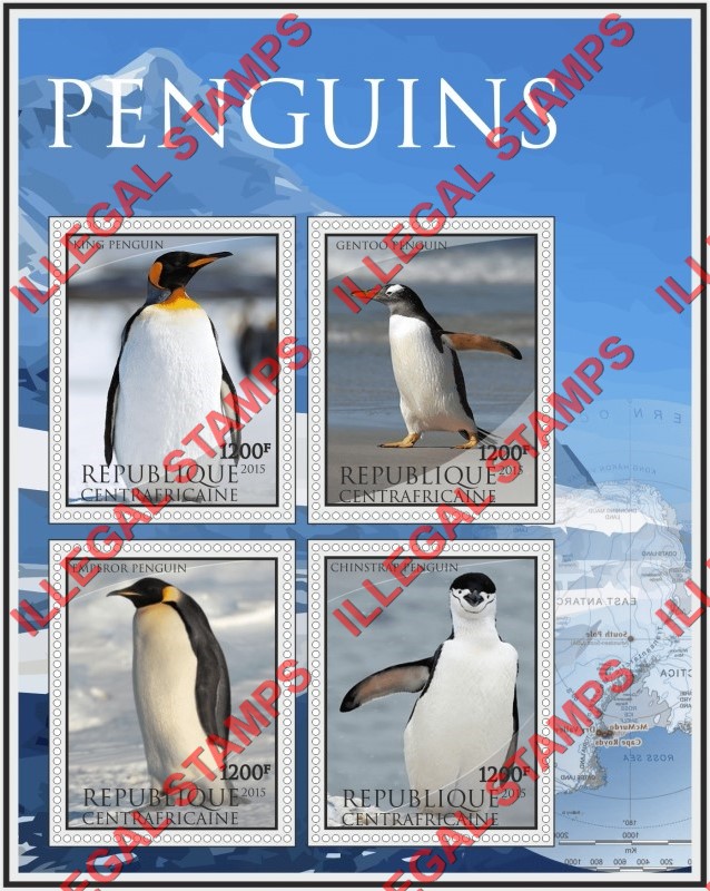 Central African Republic 2015 Penguins Illegal Stamp Souvenir Sheet of 4 Central African Republic 2015 Penguins Illegal Stamp Souvenir Sheet of 4