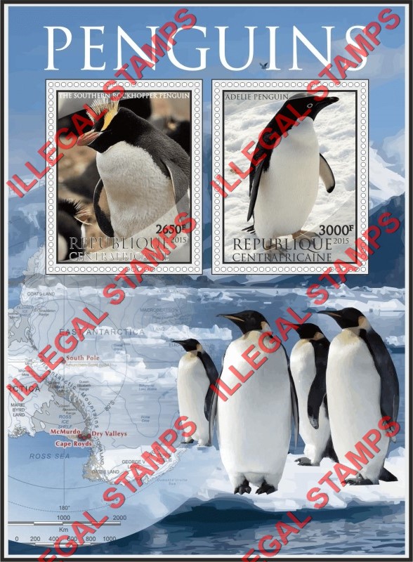 Central African Republic 2015 Penguins Illegal Stamp Souvenir Sheet of 2 Central African Republic 2015 Penguins Illegal Stamp Souvenir Sheet of 2