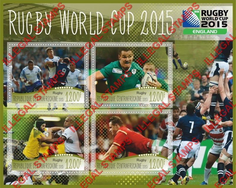 Central African Republic 2015 Rugby World Cup Illegal Stamp Souvenir Sheet of 4 Central African Republic 2015 Rugby World Cup Illegal Stamp Souvenir Sheet of 4