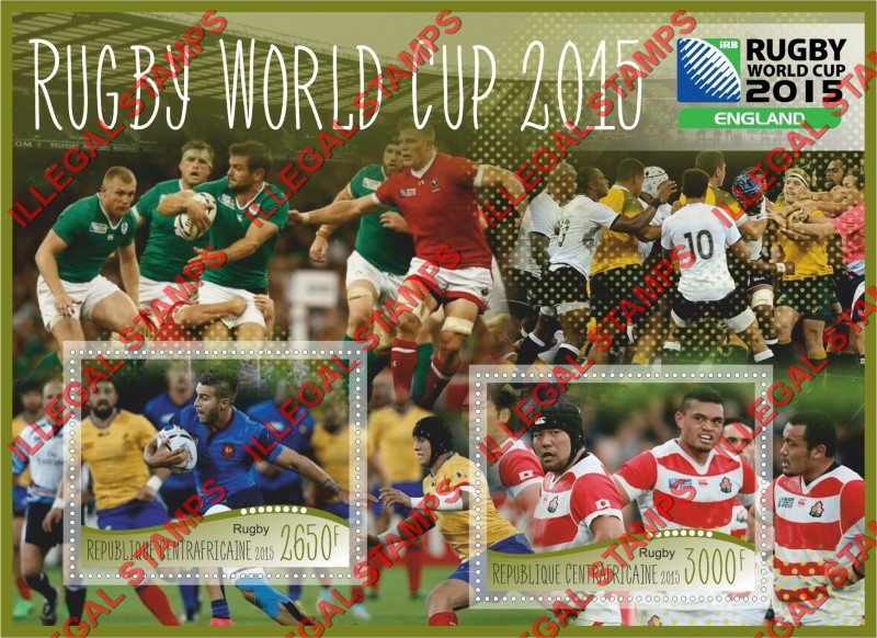 Central African Republic 2015 Rugby World Cup Illegal Stamp Souvenir Sheet of 2 Central African Republic 2015 Rugby World Cup Illegal Stamp Souvenir Sheet of 2