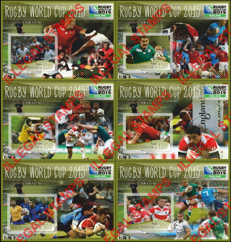 Central African Republic 2015 Rugby World Cup Illegal Stamp Souvenir Sheets of 1 Central African Republic 2015 Rugby World Cup Illegal Stamp Souvenir Sheets of 1